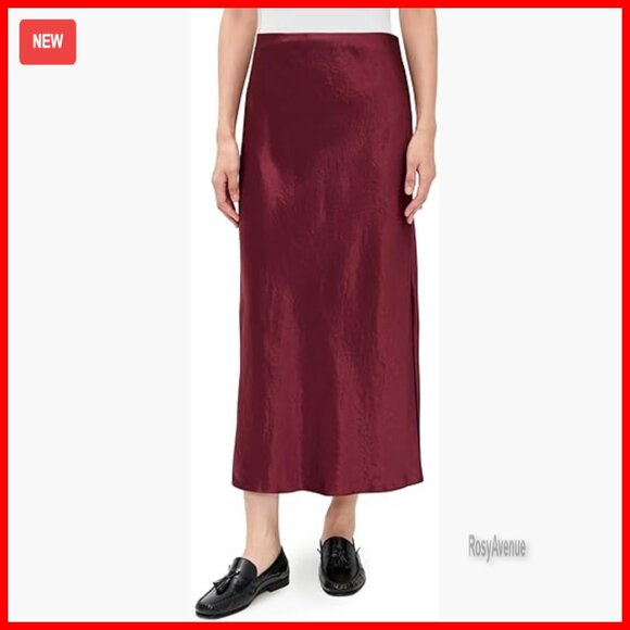 Satin Midi Skirt with Side Slit High Rise Waist Hand Wash